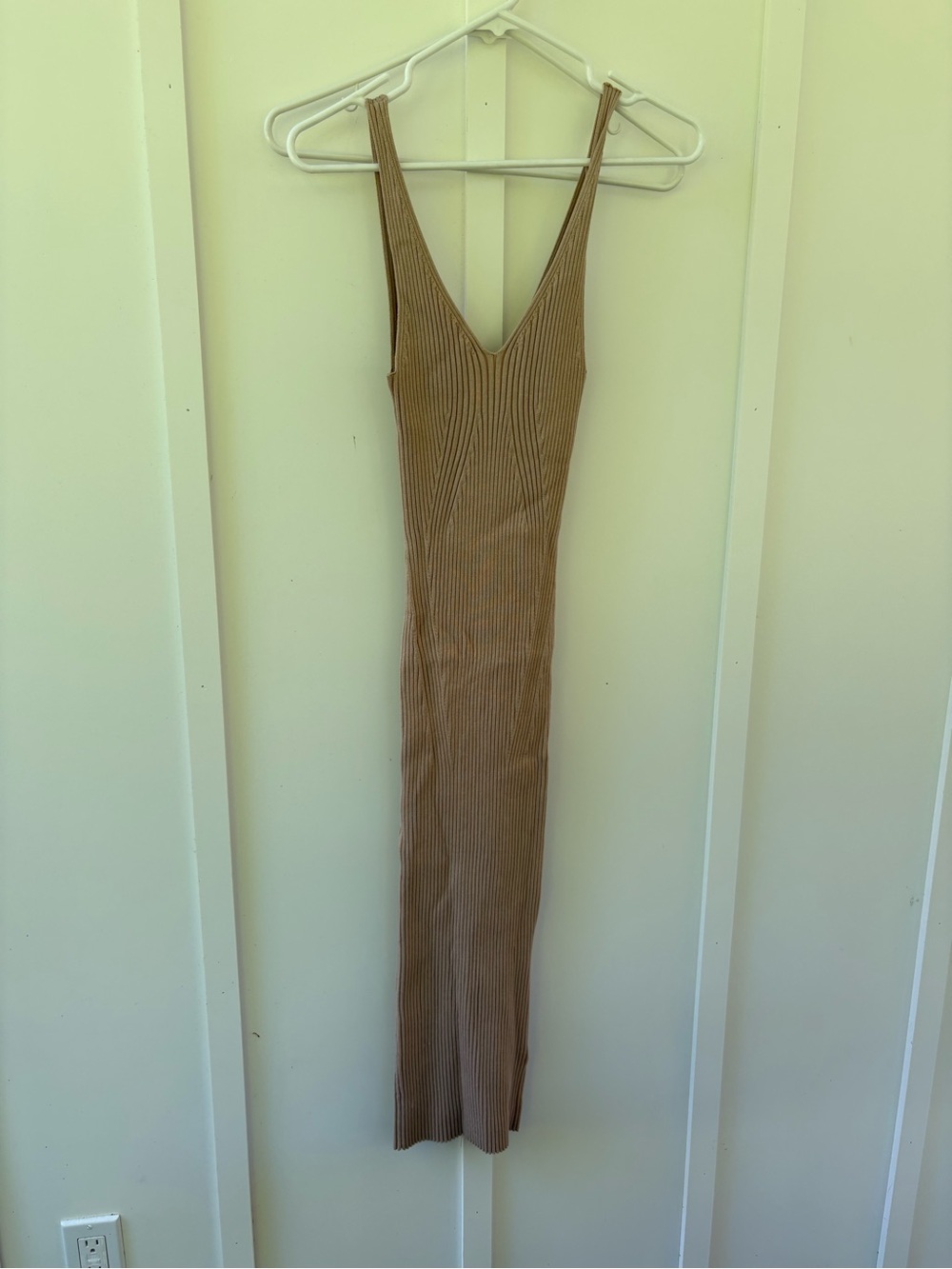 Sleeveless Ribbed V-Neck Bodycon Dress - Tan